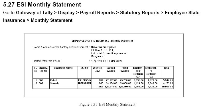 'ESI Monthly Statement' Report @ Tally.ERP 9